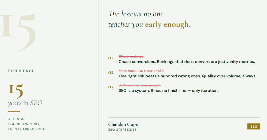 A dark green editorial graphic with gold accents. Left panel shows "15 years in SEO" in large typography. Right panel lists three SEO lessons: Mistake 1 — chased rankings instead of conversions. Mistake 2 — more backlinks doesn't mean better SEO, quality beats quantity. Mistake 3 — SEO is not a one-time project, it's an ongoing system. Created by Chandan Gupta, SEO Strategist.