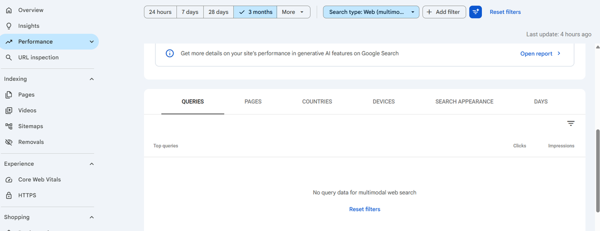 Search Console Queries tab showing 'No query data for multimodal web search