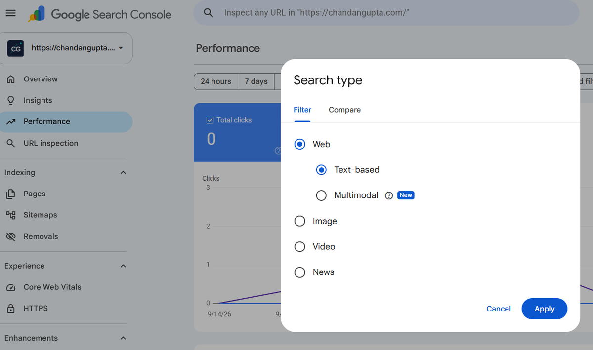 Search Console Performance report showing the Multimodal option under Search type